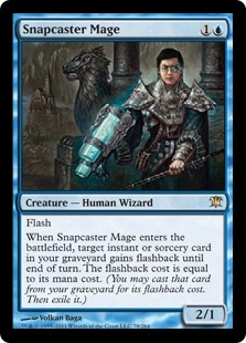 Snapcaster Mage
 Flash
When Snapcaster Mage enters the battlefield, target instant or sorcery card in your graveyard gains flashback until end of turn. The flashback cost is equal to its mana cost. (You may cast that card from your graveyard for its flashback cost. Then exile it.)